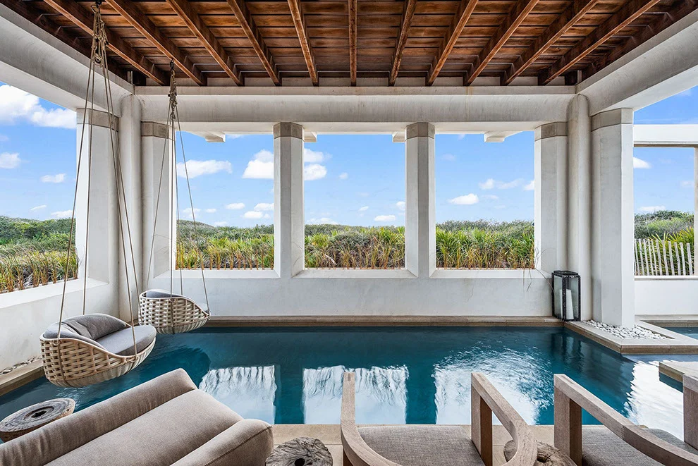 Gulf-Front Grandeur – Exterior Pool Patio with Custom Ceiling exterior pool patio with custom ceiling at Gulf-Front Grandeur