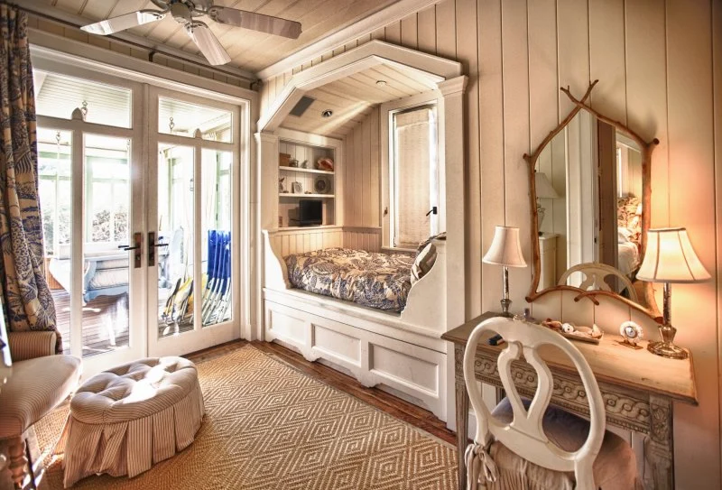 Wooden Classicism – Guest Bedroom e f san juan, guest bedroom inside the Wooden Classicism in Seaside, painted ceiling paneling, coastal decor, seaside florida, 30A, south walton, walton county, northwest florida