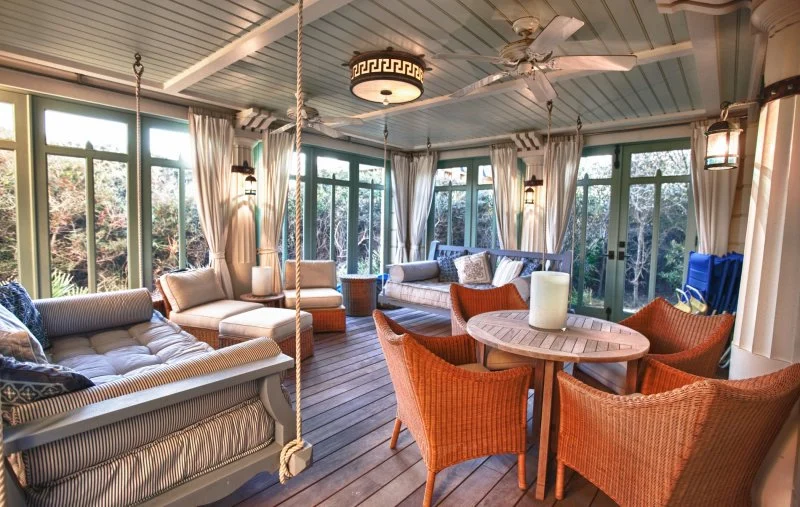 Wooden Classicism – Interior Porch View e f san juan, interior porch view inside the Wooden Classicism in Seaside, painted ceiling paneling, coastal decor, seaside florida, 30A, south walton, walton county, northwest florida