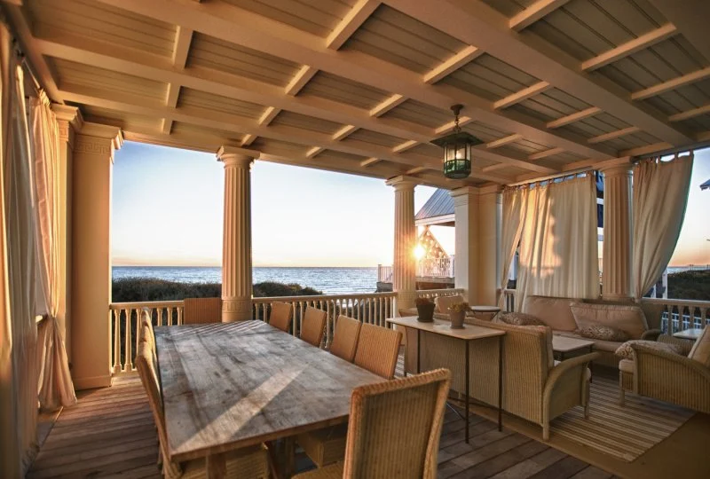 Wooden Classicism – Exterior Patio View e f san juan, exterior patio view of the Wooden Classicism in Seaside, exterior architectural millwork, coastal architecture, seaside florida, 30A, south walton, walton county, northwest florida