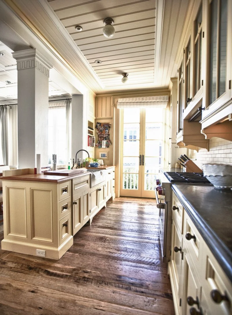 Wooden Classicism – Kitchen View e f san juan, kitchen view inside the Wooden Classicism in Seaside, painted ceiling paneling, coastal decor, seaside florida, 30A, south walton, walton county, northwest florida