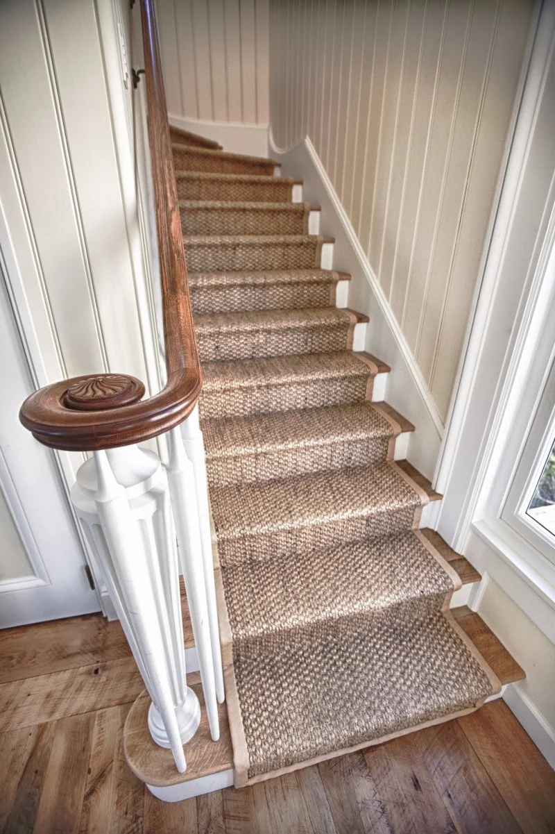 Wooden Classicism – Interior Staircase e f san juan, staircase inside the Wooden Classicism in Seaside, painted paneling, stair tread carpet runner, coastal decor, seaside florida, 30A, south walton, walton county, northwest florida
