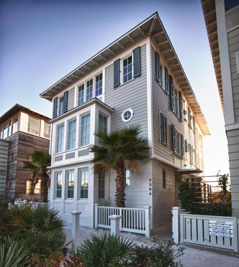Wooden Classicism – Side Exterior View e f san juan, side exterior view of the Wooden Classicism in Seaside, exterior architectural millwork, corbelled rafter tails, exposed rafter tails, coastal architecture, seaside florida, 30A, south walton, walton county, northwest florida