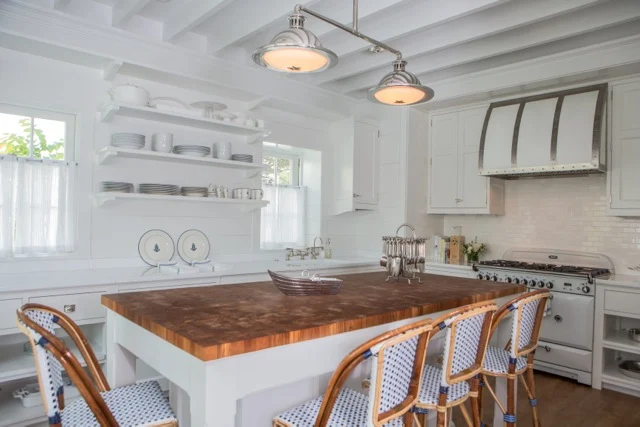 In Surf We Trust – Interior Kitchen View Custom Island e f san juan, interior kitchen view with custom island In Surf We Trust, elegant coastal farmhouse kitchen, exposed painted ceiling joists, coastal decor, seaside florida, 30A, south walton, walton county, northwest florida