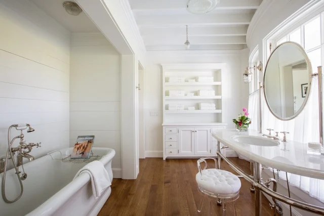 In Surf We Trust – Master Bathroom with Custom Cabinetry e f san juan, primary bathroom with custom cabinetry In Surf We Trust, elegant coastal farmhouse bathroom, exposed painted ceiling joists, coastal decor, seaside florida, 30A, south walton, walton county, northwest florida