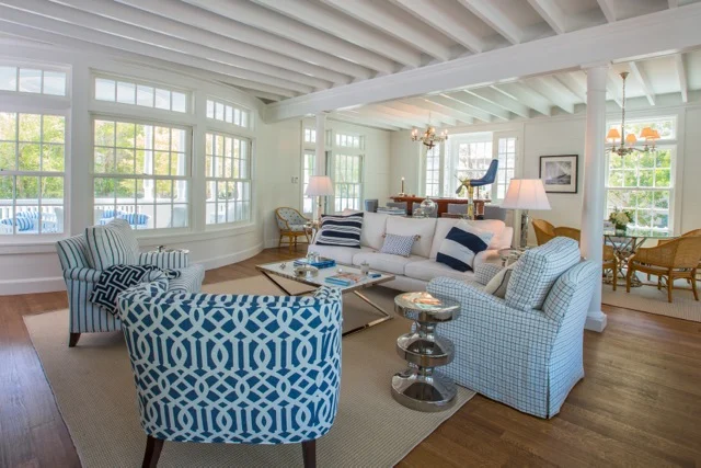 In Surf We Trust – Interior Family Room with Custom Ceiling e f san juan, interior family room with custom ceiling In Surf We Trust, exposed painted ceiling joists, coastal decor, seaside florida, 30A, south walton, walton county, northwest florida
