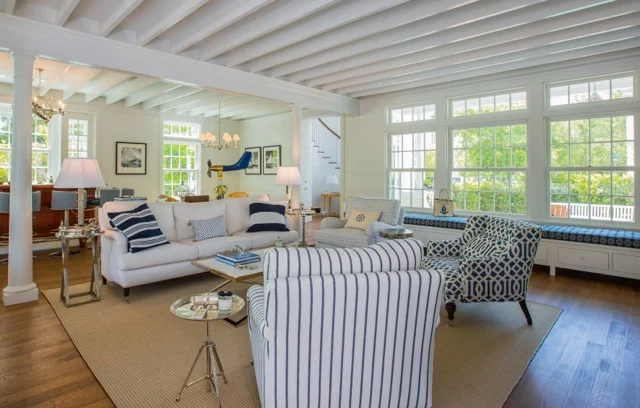 In Surf We Trust – Interior Family Room with Custom Ceiling e f san juan, interior family room with custom ceiling In Surf We Trust, exposed painted ceiling joists, coastal decor, seaside florida, 30A, south walton, walton county, northwest florida