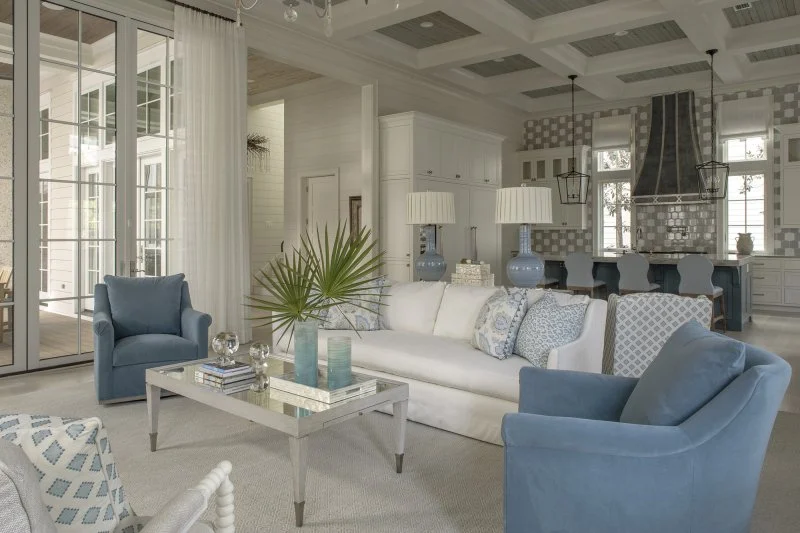 Southern Beach Getaway in WaterColor – Interior Living Room interior living room with pecky cypress ceiling at the Southern Beach Getaway in WaterColor