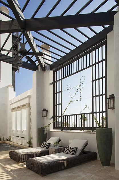 Middle Eastern Beauty at the Beach – Exterior Custom Wood Facade in the Courtyard exterior custom wood facade in the courtyard at Middle Eastern Beauty at the Beach