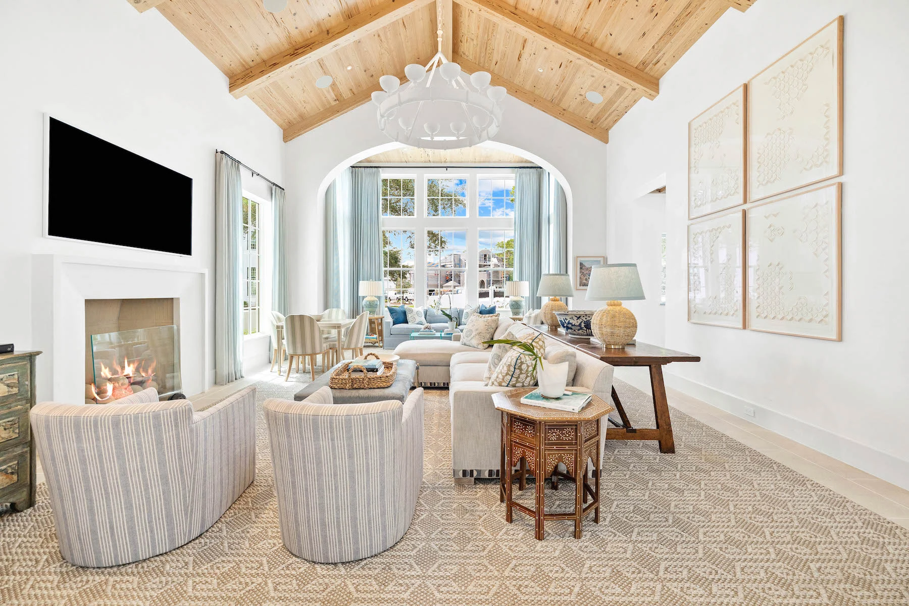 Alys Beach Serenity – Interior Family Room View and Ceiling Design Interior family room view at Alys Beach Serenity with custom pecky cypress ceiling