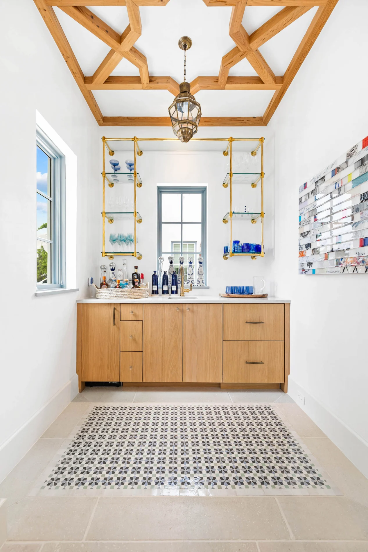 Alys Beach Serenity – Interior Wet Bar with Custom Cabinets Interior wet bar with custom ceiling design and cabinets at Alys Beach Serenity