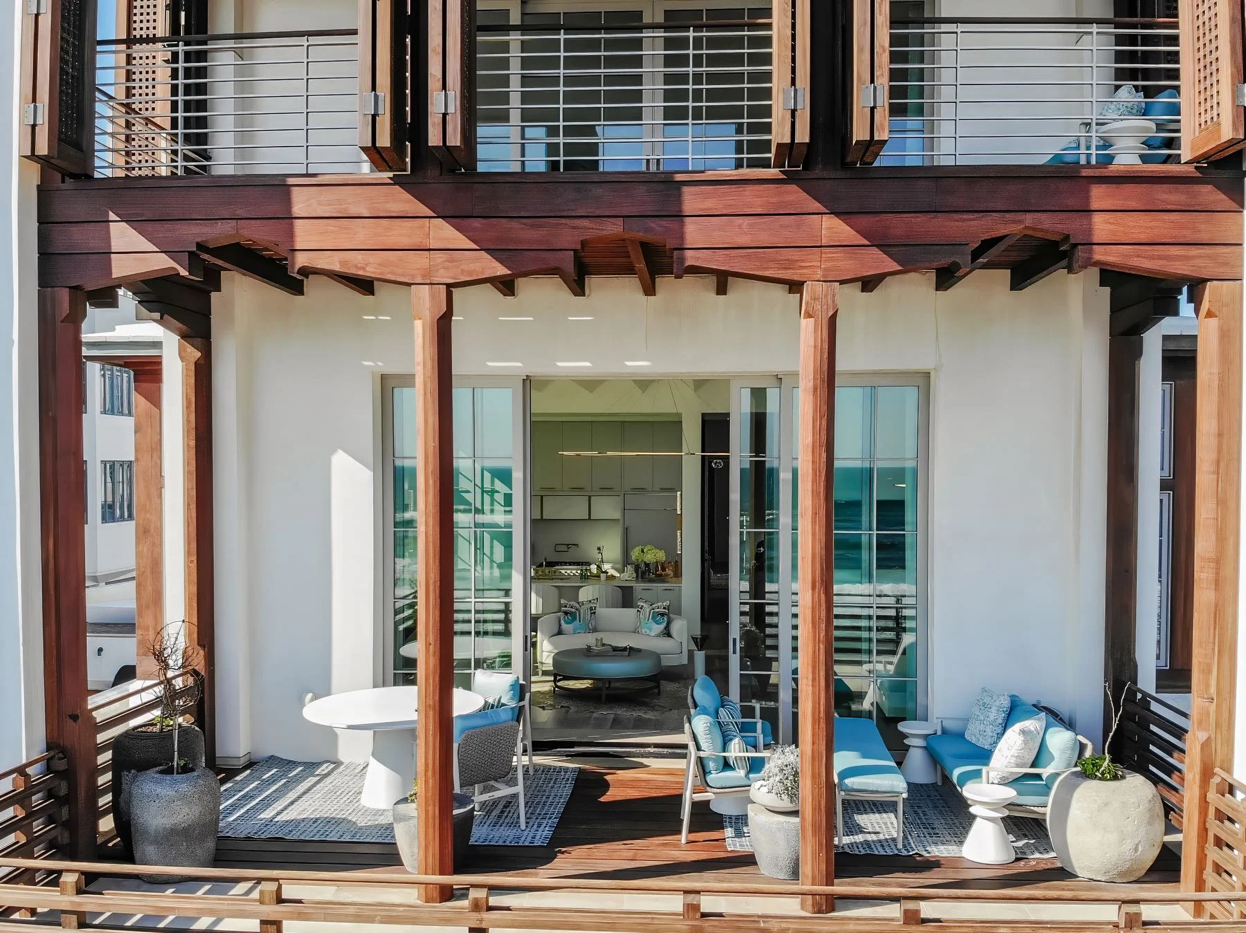 Alys Beach Ipe Wood Products – E. F. San Juan Ipe columns, shutters, casings, and trim on exterior of Gulf-front Alys Beach home