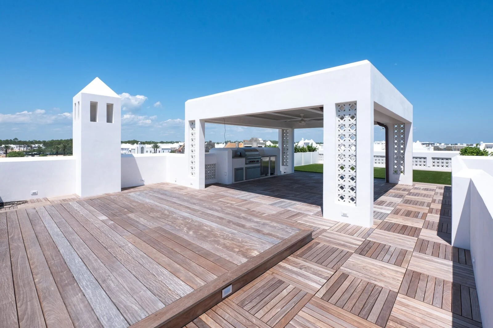 Old Cellar Lane Rooftop Deck – Alys Beach Millwork by E. F. San Juan Multi-level deck area on rooftop of Alys Beach custom home with millwork by E. F. San Juan